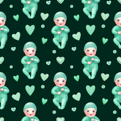 seamless baby nursery pastel cute watercolor pattern template textile green boy and girl hearts happy childhood