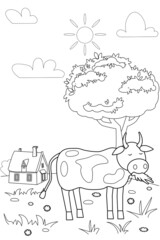 Fototapeta na wymiar Cute cow farm animals coloring book educational illustration for children. Rural landscape colouring page. Vector black white outline cartoon character