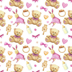 seamless baby nursery pastel cute watercolor pattern template textile girl pink teddy bear toys stuff