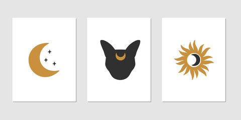 Mystical vector set - moon cat face, sun, crescent moon. Celestial illustration isolated white. Trendy esoteric concept. Witchcraft symbols. Boho modern poster, card, magic t-shirt print.