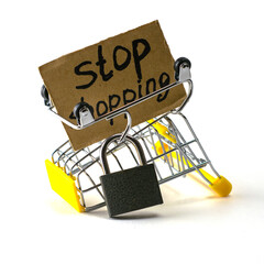 the concept of refusing to buy reasonable consumption is an inverted shopping cart with a padlock...