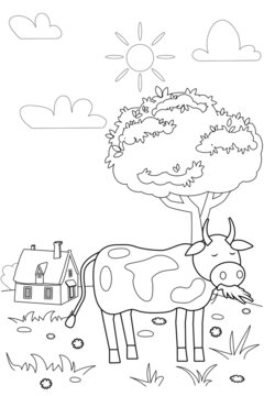 Cute cow farm animals coloring book educational illustration for children. Rural landscape colouring page. Vector black white outline cartoon character