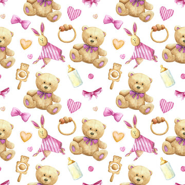 seamless baby nursery pastel cute watercolor pattern template textile girl pink teddy bear toys stuff