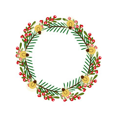 A Christmas wreath with green fir branches, a garland with light bulbs and red berries. New Year vector illustration, postcard, banner, poster.