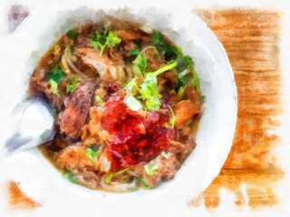 Noodles in a bowl watercolor style illustration impressionist painting.