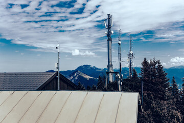Broadcasting antenna at a building in the Bavarian Prealps, Herzogstand, Germany, Europe. Radio...