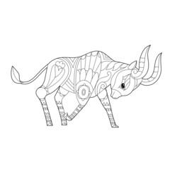 Cute ox. Doodle style, black and white background. Funny animal, coloring book pages. Hand drawn illustration in zentangle style for children and adults, tattoo.
