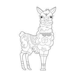 Cute lama. Doodle style, black and white background. Funny animal, coloring book pages. Hand drawn illustration in zentangle style for children and adults, tattoo.