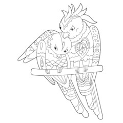 Cute parrots. Doodle style, black and white background. Funny birds, coloring book pages. Hand drawn illustration in zentangle style for children and adults, tattoo.