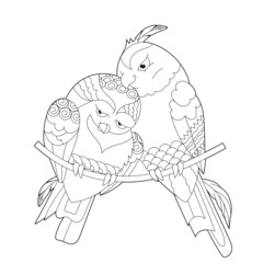 Cute parrots. Doodle style, black and white background. Funny birds, coloring book pages. Hand drawn illustration in zentangle style for children and adults, tattoo.
