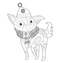 Cute dog. Doodle style, black and white background. Funny animal, coloring book pages. Hand drawn illustration in zentangle style for children and adults, tattoo.