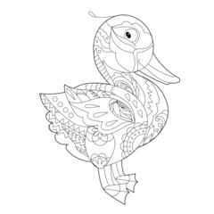 Cute duck. Doodle style, black and white background. Funny bird, coloring book pages. Hand drawn illustration in zentangle style for children and adults, tattoo.
