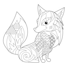 Cute fox. Doodle style, black and white background. Funny animal, coloring book pages. Hand drawn illustration in zentangle style for children and adults, tattoo.
