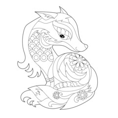 Cute fox. Doodle style, black and white background. Funny animal, coloring book pages. Hand drawn illustration in zentangle style for children and adults, tattoo.