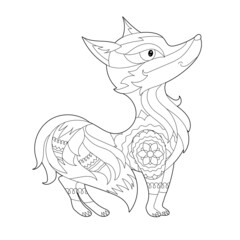 Cute fox. Doodle style, black and white background. Funny animal, coloring book pages. Hand drawn illustration in zentangle style for children and adults, tattoo.