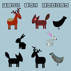 Find a pair or shadow  game with funny deer, rabbits, fox., bird.  Worksheet for preschool kids, kids activity sheet, printable worksheet