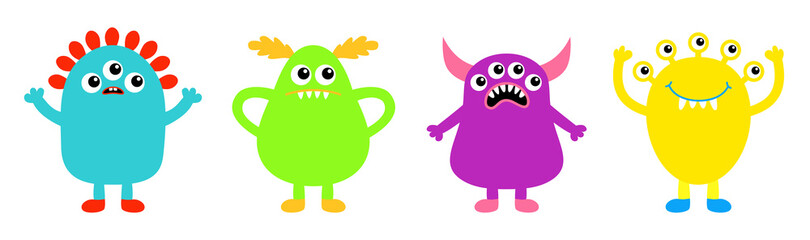 Monster icon set line banner. Happy Halloween. Kawaii cute cartoon baby character. Funny face head body colorful silhouette. Hands up, horn, eyes fang teeth tongue. Flat design. White background.