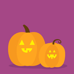 Pumpkin set. Happy Halloween. Funny creepy scary smiling face. Glowing eyes. Cute cartoon kawaii baby character. Yellow candle light. Greeting card. Violet background. Isolated. Flat design.