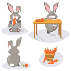 Seth's short story of a gray rabbit eating juicy orange carrots, children's illustration.