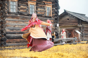 Traditional Slavic rituals in the rustic style. Outdoor in summer. Slavic village farm. Peasants in...