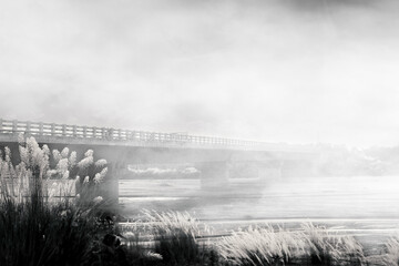 fence in the fog. foggy bridge.
