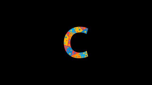 Letter C. Animated unique font made of circles and triangles, polygons. Geometric mosaic bright colors. Letter C for icons, logos, interface elements. Alpha channel transparent background, 4K