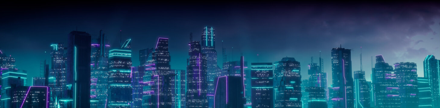 Cyberpunk Cityscape with Purple and Cyan Neon lights. Night scene with Visionary Superstructures.