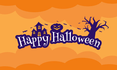 Flat Happy Halloween banner with pumpkin