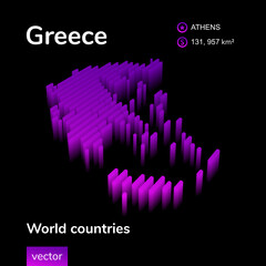 Stylized neon digital isometric striped vector Greece map with 3d effect. Map of Greece is in violet  and pink colors on the black background. 