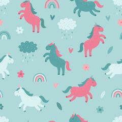 Cute unicorns, rainbow, cloud, rain, flowers. Seamless pattern on a blue background. Vector illustration