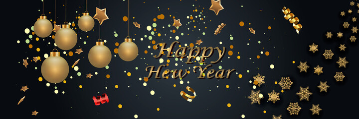 Fototapeta na wymiar Layout Happy New Year golden and black color space for text Christmas balls, and snowflakes. Golden bokeh, light and ribbons. Vector illustration