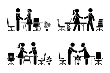 Stick figure business men and women at meeting, negotiation, good deal vector icon set. Stickman office workers handshaking, talking pictogram on white background