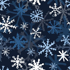 Seamless Pattern with Snowflakes on Dark Blue Background.