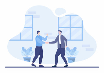 Two Businessmen Reach a Deal or Agreement Shaking Hands on Cooperation Contract as Successful Partners. Background Vector Illustration