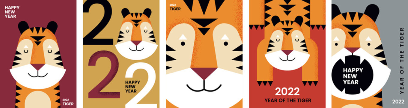 2022. Happy Year of the tiger. Set of vector  illustrations for poster, banner, postcard or cover.	