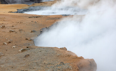 Steaming fumarole in geothermal area of Hverir, Iceland - obrazy, fototapety, plakaty