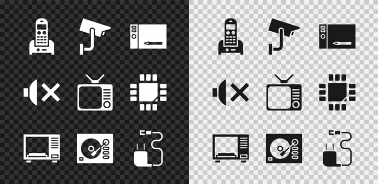 Set Telephone, Security Camera, Graphic Tablet, Microwave Oven, Vinyl Player, Charger, Speaker Mute And Retro Tv Icon. Vector