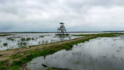 Fototapeta na wymiar view of bird watching tower, cloudy day, gray clouds, landscape with lake and reeds by the lake