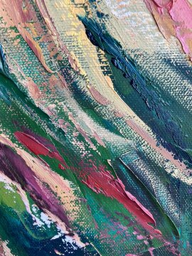 Hand drawn oil painting on canvas. Abstract art background. Color texture. Fragment of artwork. Brushstrokes and spots of paint. Modern, contemporary art. Colorful canvas.