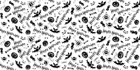 Happy Halloween-seamless pattern of traditional holiday symbols-pumpkin, Jack lantern, zombie, bat, spider, candies. Funny texture for greeting card, invitation, party poster, wrapping paper