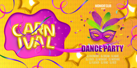 Carnival party flyer template. Banner for fun carnival party.Traditional mask with feathers,confetti and balloons for carnaval,mardi gras, fesival,masquerade,parade. Vector.