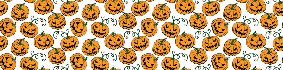 Vector Seamless pattern with pumpkins, Jack o Lantern. Halloween backgrounds and textures in flat doodle style, isolated