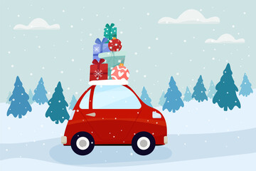 A red car carries a stack of gifts for the celebration of Christmas and New Year.