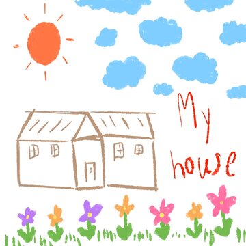 little house, Wax crayon like child's hand drawn house, grass, colourful flowers and sun. Pastel chalk like kid`s hand painting cute spring and summer meadow. Vector pastel chalk background banner.