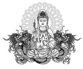 Tattoo art guan yin china design and dragon hand drawing and sketch