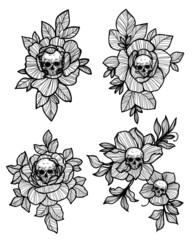 Tattoo art skull and flower hand drawing and sketch black and white