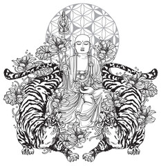 Fototapeta na wymiar Tattoo art buddha china design on lotus and tiger hand drawing and sketch