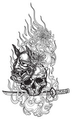 Fototapeta premium Tattoo art thai giant and devil mask flower pattern literature hand drawing sketch