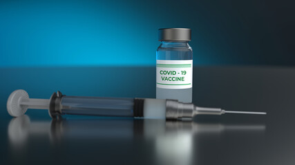 3d Illustration of Covid-19 vaccine vial and syringe