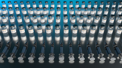 Fototapeta premium 3d Illustration of Covid-19 vaccine vials and syringes